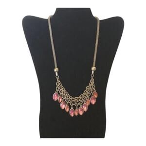 Retro Silver Toned Multicolored Pink Glass Dangling Beads Statement Bib Necklace